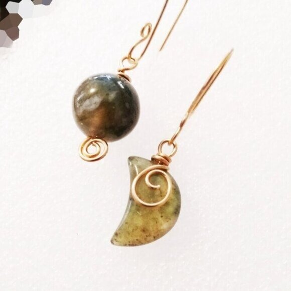 Asymmetrical India Agate Moon Earrings! Wire Wrapped! Feminine! Alluring & Sexy! - Picture 2 of 11